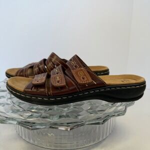 Clarks Collection Brown Leather Adjustable Strap Slide Sandals Women's Size 7‎
